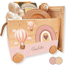 EmiliaLotte Personalised Toy Box with Wooden Lid, Montessori Toy Wooden Box with Wheels for Pulling, Memory Box with Desired Name, Fantasy Pink