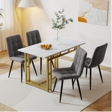 Merax Dining Table, Kitchen Table Set, Rectangular Dining Table with 4 Dining Room Chairs, Modern Dining Set, Upholstered Chair Made of Linen, Metal Frame, for Dining Room, Kitchen, Living Room, Gold