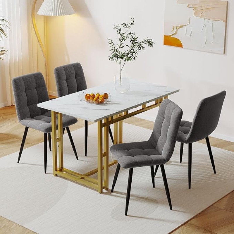Merax Dining Table, Kitchen Table Set, Rectangular Dining Table with 4 Dining Room Chairs, Modern Dining Set, Upholstered Chair Made of Linen, Metal Frame, for Dining Room, Kitchen, Living Room, Gold
