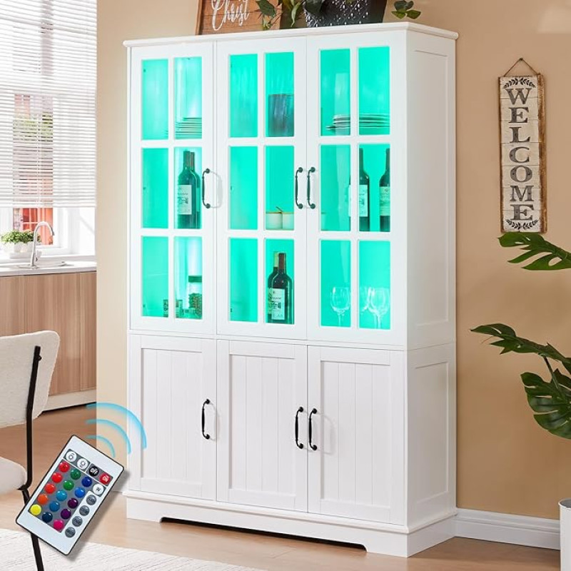 LUXOAK Glass Display Cabinet with LED Lighting and Retro Handles, White 180 cm High, with 6 Doors and 8 Shelves, Modern for Living Room and Kitchen