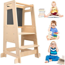 Learning Tower from 1 Year, Aomdom Learning Tower for Children 3-Way Height-Adjustable Learning Tower Wooden Multifunctional Learning Chair Children with Safety Rail
