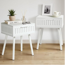 SUMGAR Bedside Table Set of 2 White Side Tables with Drawer, Modern Bedside Table with Solid Wood Legs, 30 cm Wide, Bedside Table for Bedroom, Living Room, Room Decoration