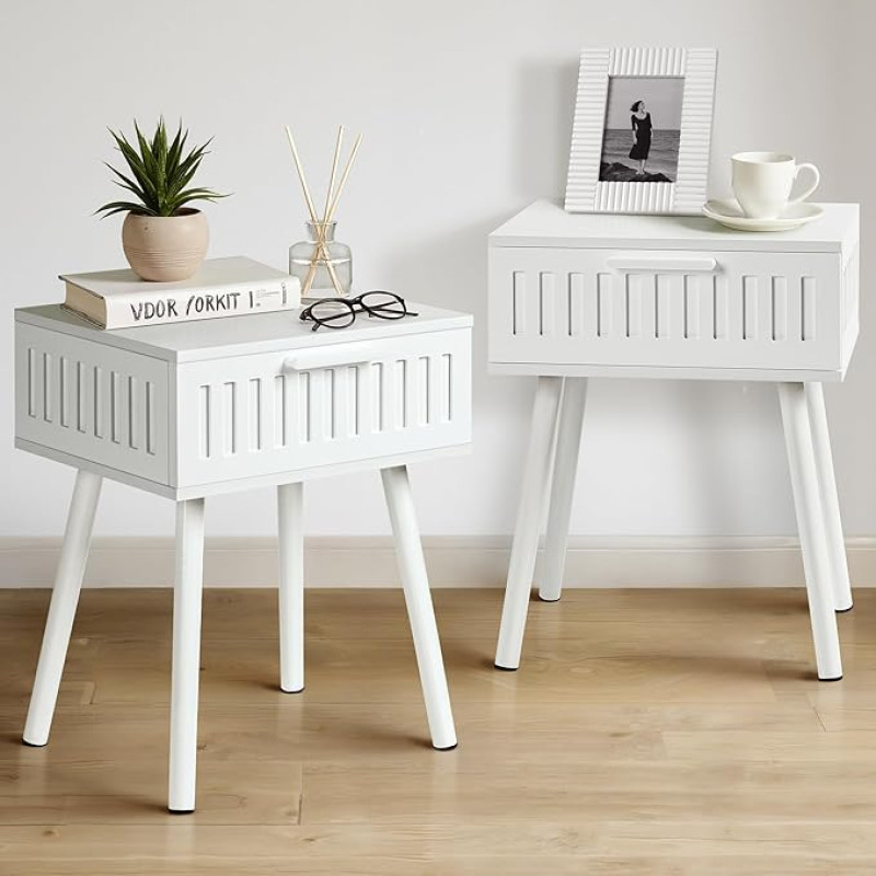 SUMGAR Bedside Table Set of 2 White Side Tables with Drawer, Modern Bedside Table with Solid Wood Legs, 30 cm Wide, Bedside Table for Bedroom, Living Room, Room Decoration