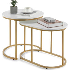 Giantex Set of 2 Side Tables Marble Gold Coffee Table Sofa Table Various Sizes Living Room Table Foldable Coffee Table Set Table Modern Design Bedside Table Golden Metal Frame