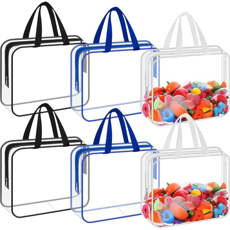 Transparent Toy Storage Bags with Handles, 30 x 21 cm, Waterproof, Reusable, PVC Zipper Bag, Organiser Bag for Baby Toys, Tokens, Balls (Blue, Black and