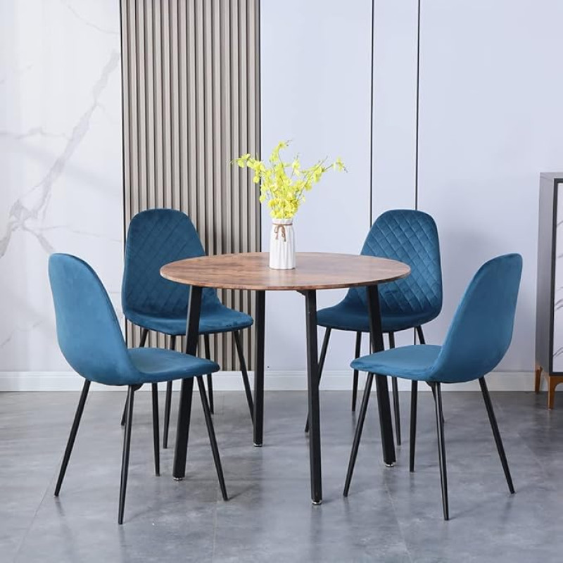 GOLDFAN Round Dining Table with 4 Chairs, Wooden Table with Metal Table Legs, Round Dining Table and Velvet Dining Table Chairs, Suitable for Dining Room, Living Room, Offices, 90 cm