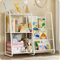 DUKZURA Children's Shelf, Metal, Books & Toys Storage Shelf, Open, Multifunctional Children's Room Organiser with Fabric Pockets for Living Room, Classroom, Playroom, Nursery (White)