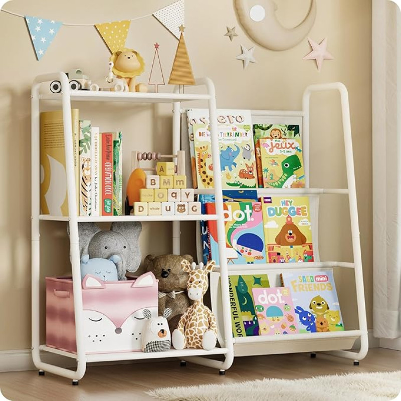 DUKZURA Children's Shelf, Metal, Books & Toys Storage Shelf, Open, Multifunctional Children's Room Organiser with Fabric Pockets for Living Room, Classroom, Playroom, Nursery (White)
