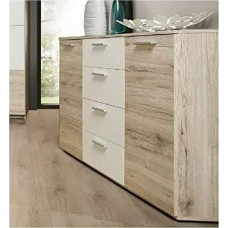 FORTE Beach Chest of Drawers with 2 Doors and 4 Drawers, Wood Composite, Sand Oak/White, 48 x 91.3 x 129.6 cm