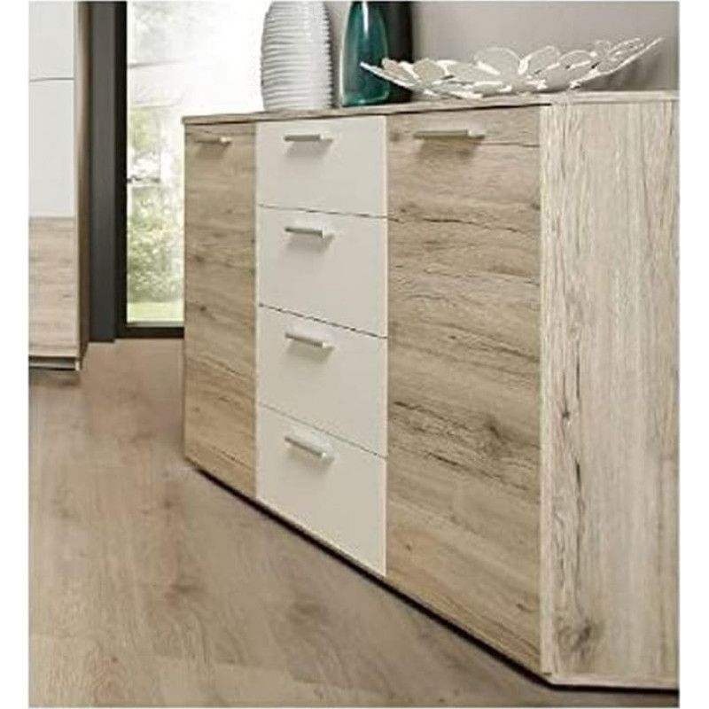 FORTE Beach Chest of Drawers with 2 Doors and 4 Drawers, Wood Composite, Sand Oak/White, 48 x 91.3 x 129.6 cm