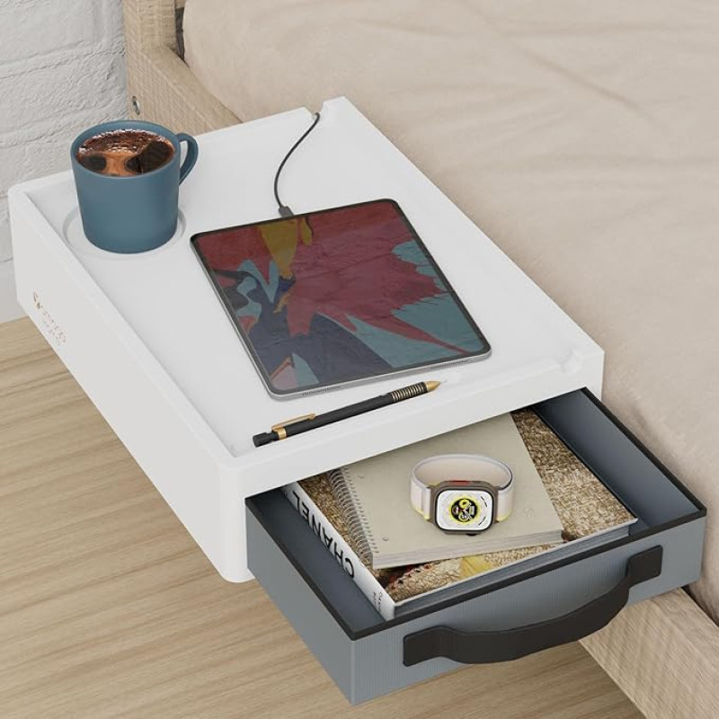 yamagahome Bamboo Hanging Bedside Table with Drawers, Bedside Shelf with Drink Holder and Cable Holder for Bed & Bunk Bed, Nursery and Dormitory, White