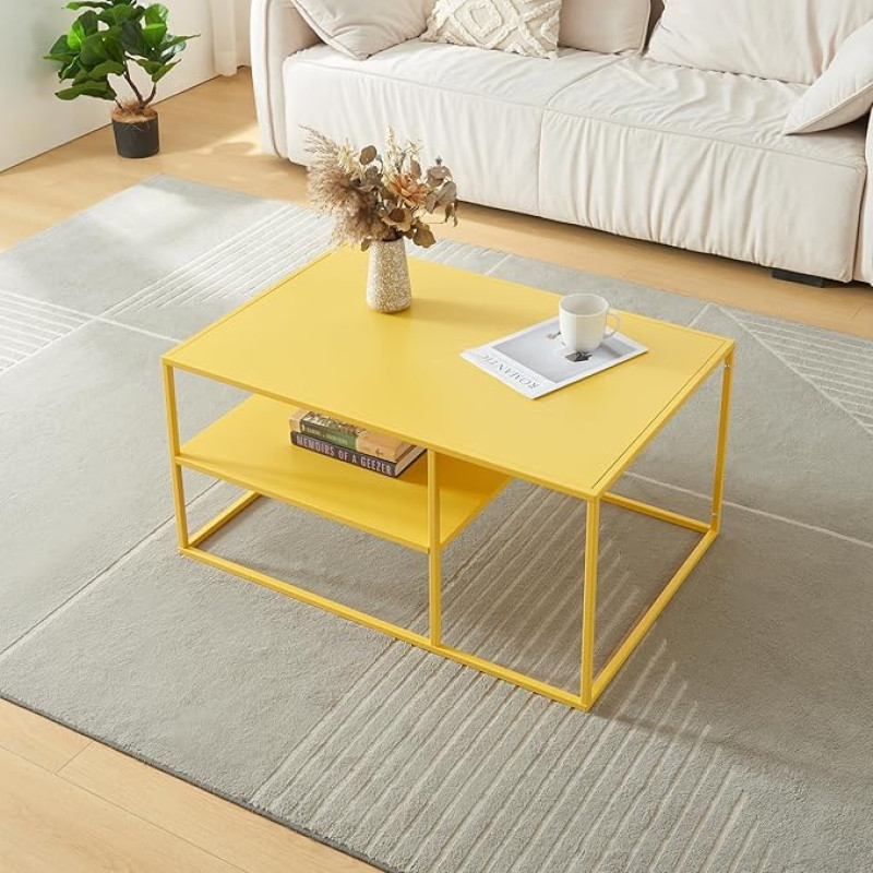 [en.casa] Solund Coffee Table Metal Yellow Living Room Table with Storage Space 90 x 60 x 45 cm Sofa Table Rectangular Coffee Table