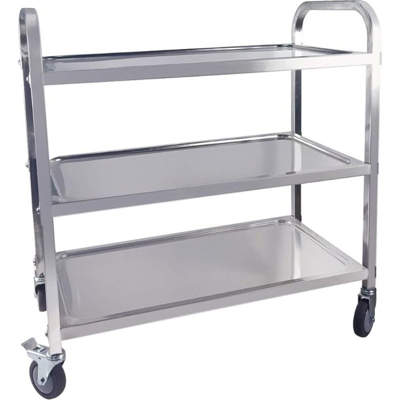 TAIMIKO Large Stainless Steel Kitchen Trolley, 3 Tier Trolley, Restaurants, Serving Trolley, Storage Trolley with Lockable Wheels, Garage, Restaurants, Hotels... (750 x 400 x 835 mm, 3 Tiers)