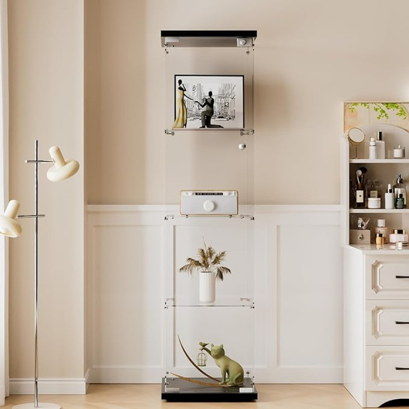 AUFHELLEN Glass Display Cabinet in Black, 164 x 42.5 x 36.5 cm, Modern Glass Display Cabinet with 4 Shelves Made of ESG for Collectibles, Books, Wine