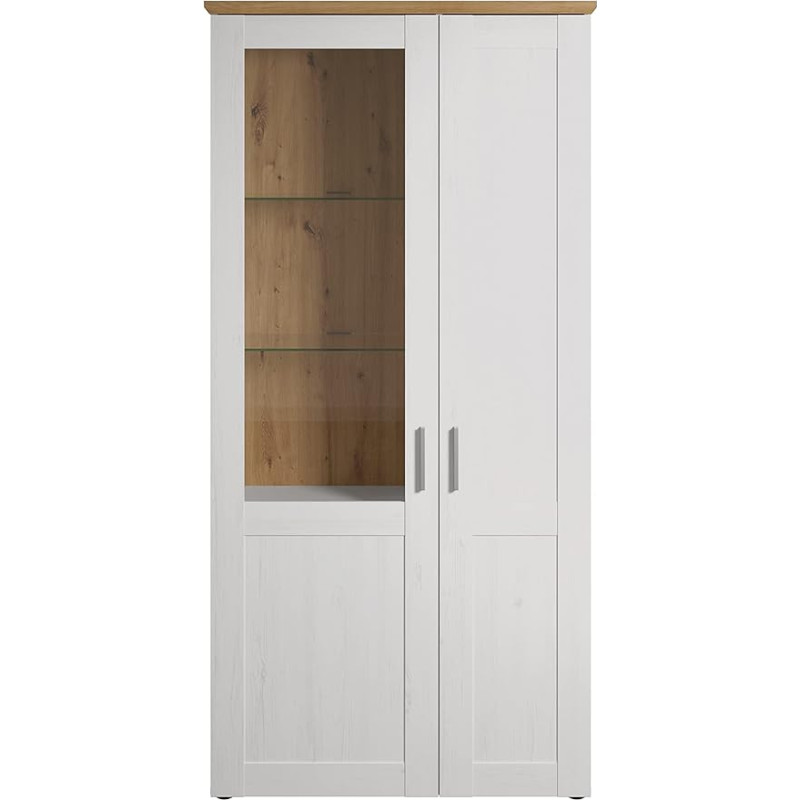 trendteam smart living - Shade - Display Cabinet - Andersen Pine White / Artisan Oak - Living Room Cabinet with 9 Compartments - (W x H x D) 95 x 194 x 38 cm - Glass Shelves - Scratch-Resistant