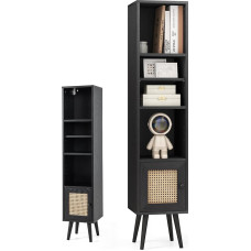 KOMFOTTEU Rattan Bookcase, Storage Cabinet Wooden with Door, Bookcase with 4 Shelves, Tall Cabinet, Bathroom Cabinet, 30 x 30 x 137 cm with Tilt Protection, for Study Living Room (Black)