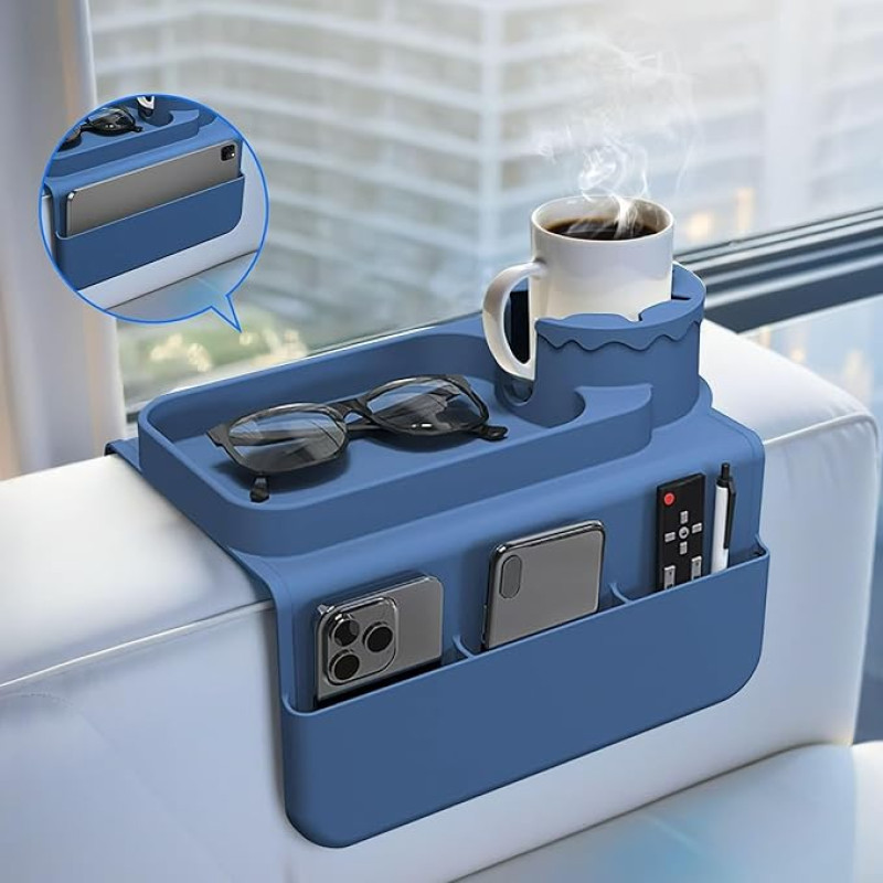 Couch-Getränkehalter – Anti-Rutsch-Sofa-Armlehne Tablett mit zwei Seitentaschen – Silikon-Anti-Verschütten Sofa Getränkehalter Arm mit Handyhalter – Couch Arm Tablett für Tasse, Telefon, Tablet,