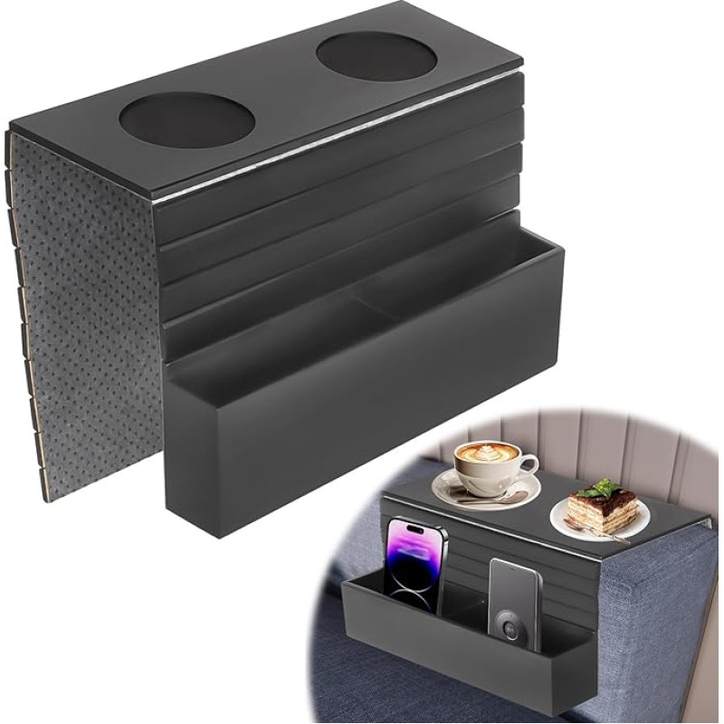 Sofa Arm Table Black Bamboo Sofa Armrest Tray with Non-Slip Back Universal Foldable Armchair Tray Sofa Cup Holder Couch Caddy for Coffee Drinks Remote Control Phone Magazines