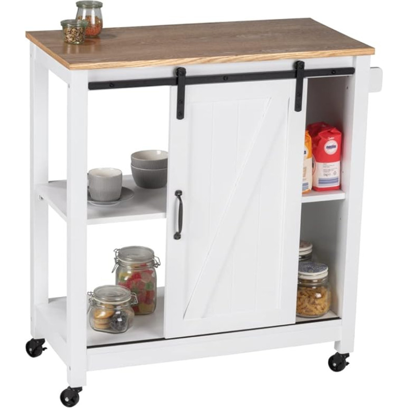 WENKO Kitchen Trolley Country House Sturdy Serving Trolley with 4 Wheels, 3 Levels, Sliding Door & Practical Handle, Versatile, Side Trolley in Trendy Country House Style Made of Wood/MDF, 80 x 88.5 x