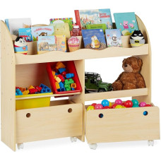 Relaxdays Children's Shelf, Toy Storage, Plastic Boxes, Bookcase, MDF, H 88 x W 108 x D 29 cm, Wood Effect
