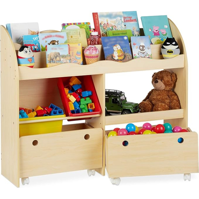 Relaxdays Children's Shelf, Toy Storage, Plastic Boxes, Bookcase, MDF, H 88 x W 108 x D 29 cm, Wood Effect