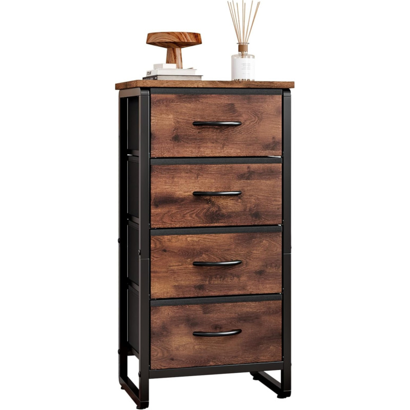 KZOBYD Chest of Drawers, Storage Cabinet with 4 Drawers Made of Fabric with Handles, Cabinet with Shelves, Metal Frame Drawer Cabinet for Living Room, Bedroom, Entrance, Hallway (Brown)
