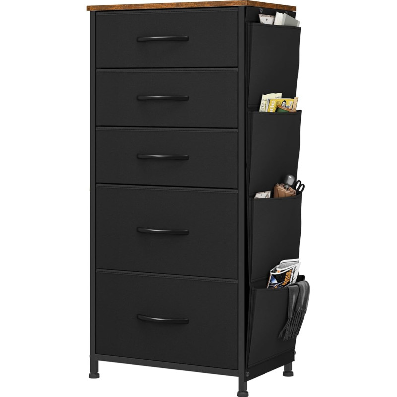 YITAHOME Chest of Drawers, 5 Fabric Drawers with Handles, Storage Cabinet with Hooks, Drawer Cabinet with Side Pockets, Cabinet, Metal Frame, Fabric Chest of Drawers for Bedroom, Living Room, Hallway,