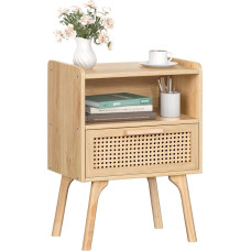 LELELINKY Rattan Bedside Table, Small Side Table with Rattan, Decorated Drawers and Open Shelf, Wooden Boho Bedside Table, Bedside Table with Solid Legs for Living Room, Bedroom, Natural