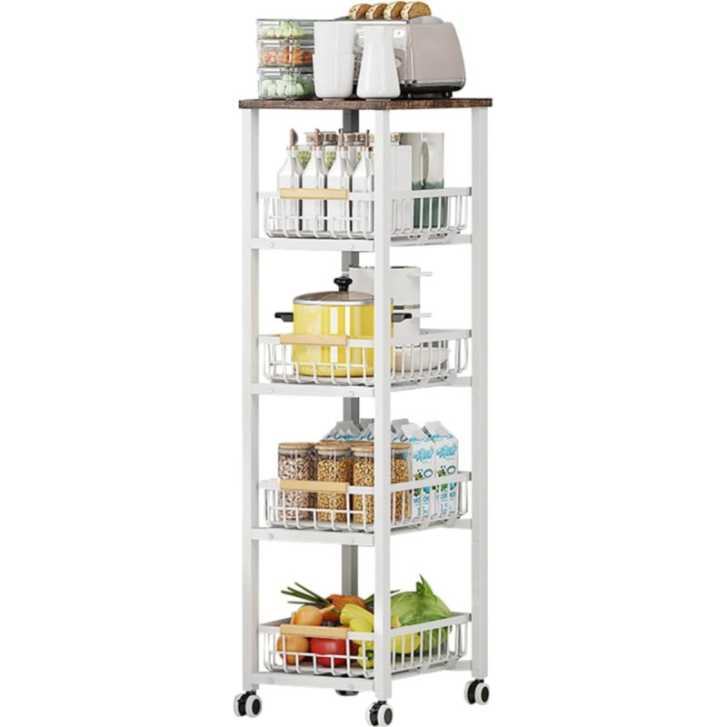 Uptyia 5 Tier Side Cart with Wheels, Kitchen Cart or Bathroom with Removable Baskets, White Metal Shelf, 40 x 30 x 107.5 cm, Multipurpose Organiser