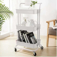 BAKAJI Modern Metal Kitchen Trolley with 3 Plastic Shelves and 4 Wheels 360 Degree Swivel with Trolley Brake Space Saving Furniture for Home and Kitchen Dimensions 43 x 36 x 85 cm