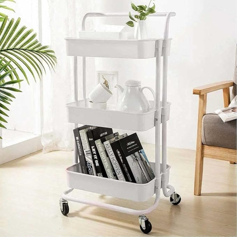 BAKAJI Modern Metal Kitchen Trolley with 3 Plastic Shelves and 4 Wheels 360 Degree Swivel with Trolley Brake Space Saving Furniture for Home and Kitchen Dimensions 43 x 36 x 85 cm