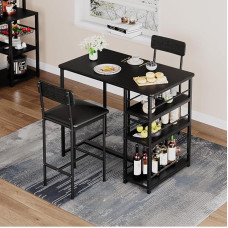 Garvee Bar Table Set 3-Piece Bar Table Dining Table with 2 Chairs Dining Set with Backrest Kitchen Table with 3 Shelves for Dining Room Kitchen Bistro Black