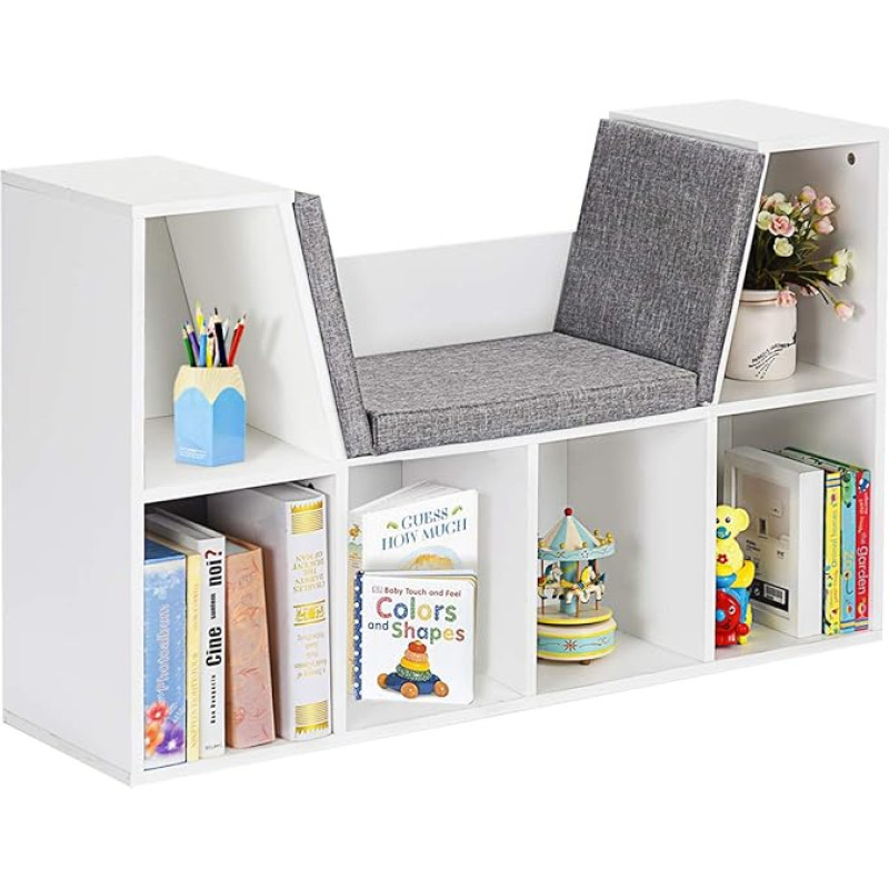 COSTWAY Children's Bookcase with Cushion, 6 Compartments, Wooden Children's Shelf with Back Wall, Storage Shelf, Cube Shelf, Bookcase for Children's Room, Bedroom, 103 x 30 x 63 cm (White)