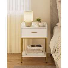 HEYZOEY Bedside Table, White, 3-Tier Bedside Table, Modern Small Bedside Table with Drawer and Shelf for Bedroom, Living Room, White with Gold Legs (Modern)