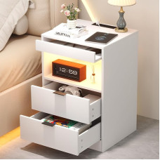 Yusong LED Nachttisch Nachttisch Nachttisch mit Ladestation 2 Schubladen, Weiß Modern Sofa Couch Beistelltisch mit Lichtern und ausziehbarem Regal für Schlafzimmer Wohnzimmer, Holz