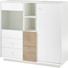 Robas Lund Living Room Cabinet Highboard White Matt Living Room Cabinet with Oak End Grain Effect W x H x D 122 x 113 x 40 cm