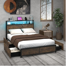 COSTWAY Bed with LED Lighting, Charging Station & 4 Drawers, Storage Bed with Headboard & Slatted Base, Industrial Bed Frame, Metal Bed, Double Bed, 200 x 140 cm