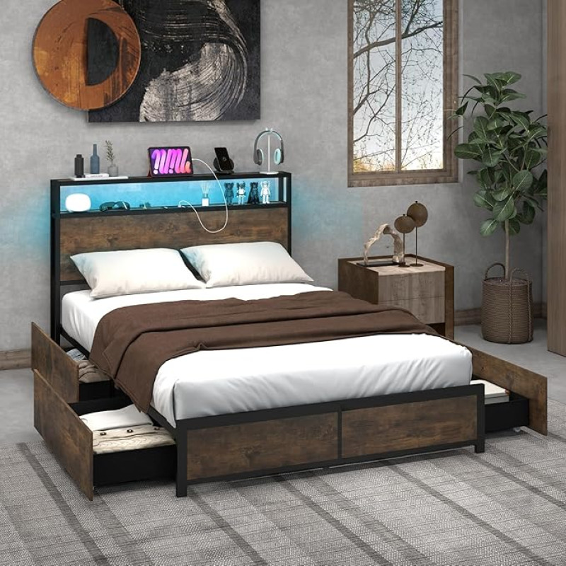 COSTWAY Bed with LED Lighting, Charging Station & 4 Drawers, Storage Bed with Headboard & Slatted Base, Industrial Bed Frame, Metal Bed, Double Bed, 200 x 140 cm