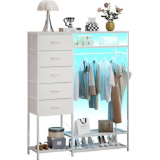 Trironsun Chest of Drawers with 5 Drawers, Clothes Rail, LED Lighting, Charging Station, Fabric Chest of Drawers with Wooden Top for Bedroom, Living Room or Children's Room