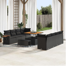 Rantry 11-teiliges Garten Sofa Set mit Kissen aus schwarzem Poly Rattan und Akazie, 3-teiliges Garten Esstisch Set mit Kissen aus schwarzem Poly Rattan und Akazie Gartenlounge Model3363154
