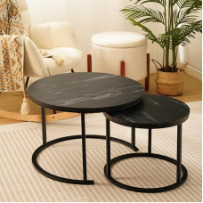 Set of 2 Round Wooden Coffee Tables, Black Metal Frame, Living Room Table, Side Table, Small Table, Modern Round Sofa Tables, Coffee Tables Set for Living Room, Office (Black)