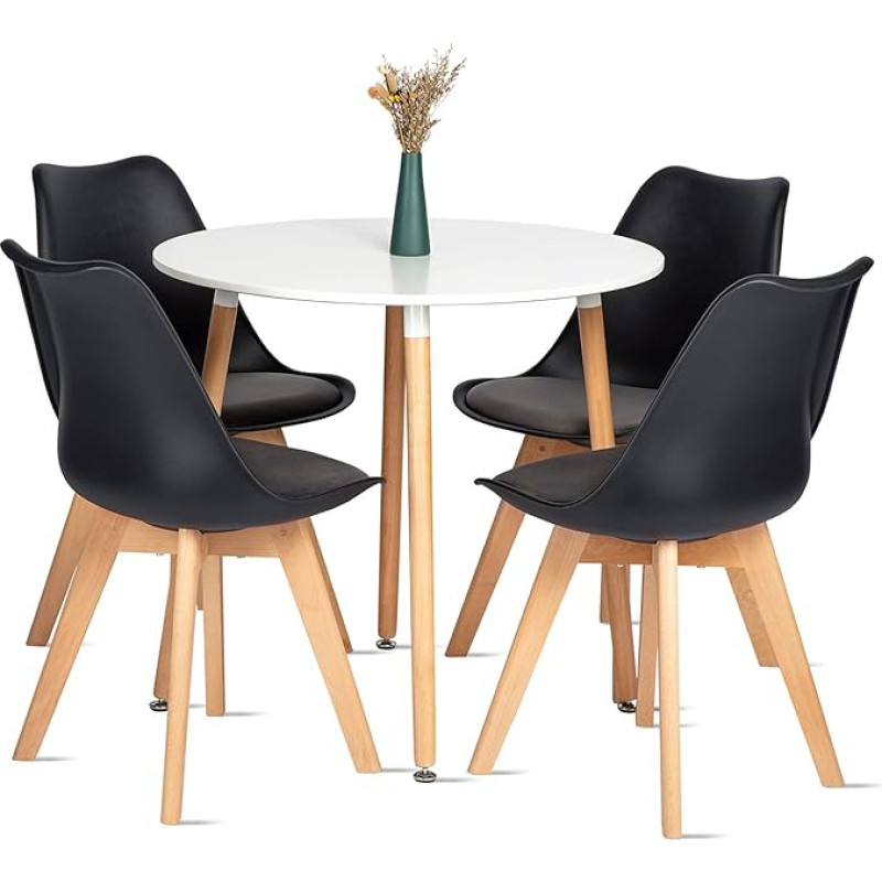 FURNITABLE Round Dining Table with 4 Chairs Dining Set for Dining Room Kitchen Living Room White Dining Table and Velvet Padded Chair