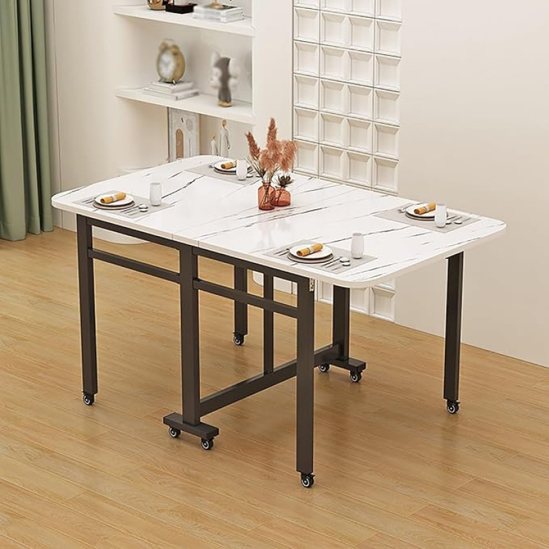 Ausziehbarer Esstisch aus Holz mit 8 Rädern, platzsparend, zusammenklappbar, multifunktional, rechteckig, Möbel für Küche und Wohnzimmer (Farbe: E, Größe: 140 x 80 x 75 cm)