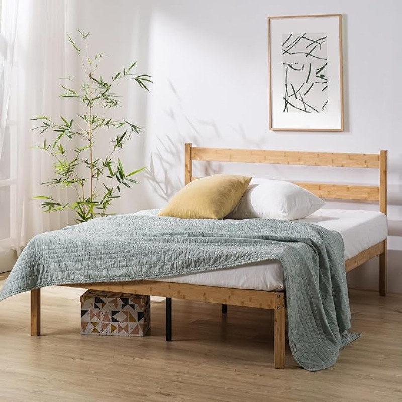 Zinus Ellie Bed 90 x 200 cm - Height 35 cm with Under Bed Storage - Bamboo and Wood Platform Bed Frame with Headboard - Brown