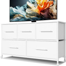 MYGIIVOVO Chest of Drawers for Bedroom with 5 Fabric Drawers, TV Stand with 4 Wheels, Storage Organizer for Living Room, Nursery (White)