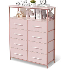 MYGIIVOVO Chest of Drawers with Open Shelf, Chest of Drawers for Bedroom with 8 Fabric Drawers, Tall Storage Organiser for Living Room with Wooden Top, Fabric Containers and Metal Frame (Pink)