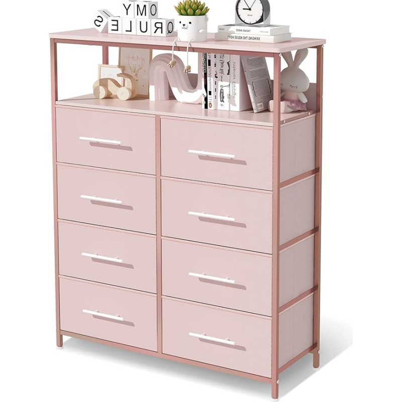 MYGIIVOVO Chest of Drawers with Open Shelf, Chest of Drawers for Bedroom with 8 Fabric Drawers, Tall Storage Organiser for Living Room with Wooden Top, Fabric Containers and Metal Frame (Pink)