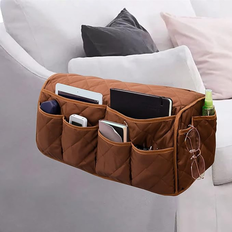 Sofa Armrest Organiser Waterproof Armrest Storage Bag Non-Slip Couch Bedside Chair Caddy Lounger Arm Protector Cover with 14 Pockets for Remote Control, Magazine, Phone, Table Organiser