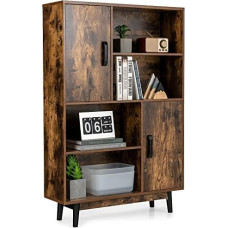 COSTWAY Wooden Bookcase, Standing Shelf with 2 Doors and 4 Open Shelves, Bookcase, Wooden Shelf, Storage Shelf for Study, Living Room, 80 x 24 x 120 cm (Coffee)