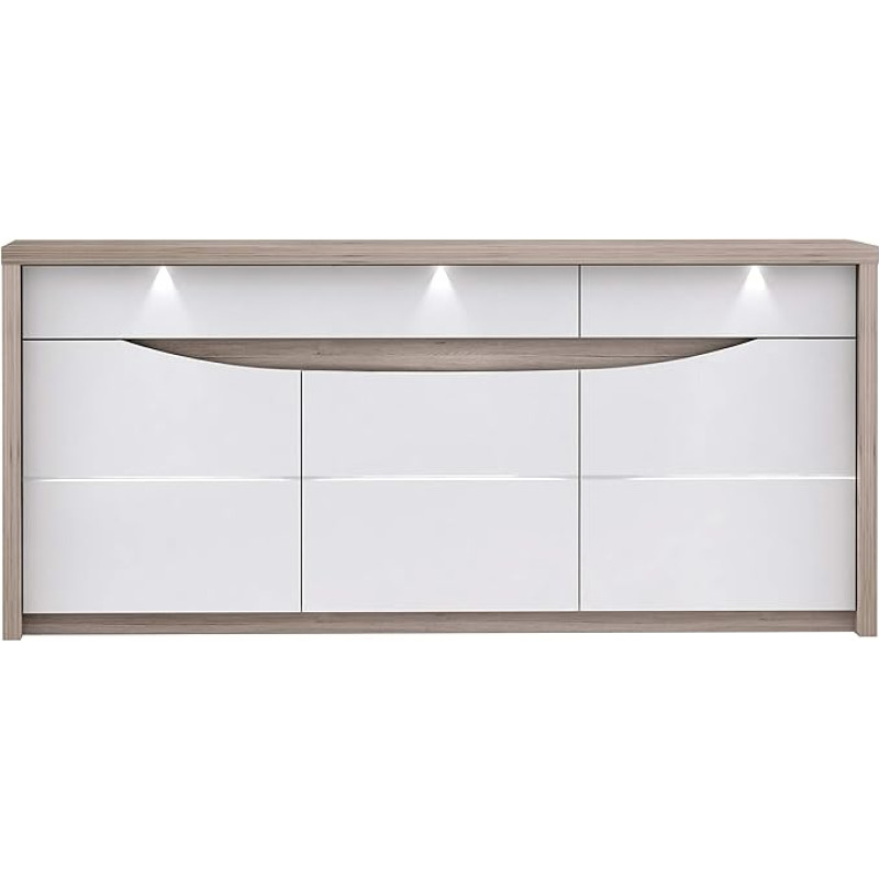 FORTE Saint Tropez Chest of Drawers with 3 Doors, 2 Drawers, Wood Composite, White Gloss Combined with Sand Oak, 52.7 x 187.4 x 84.4 cm